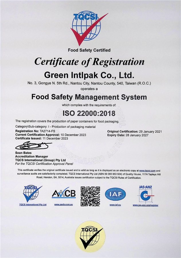 一廠 ISO 22000 認證證書 TA2714-FS