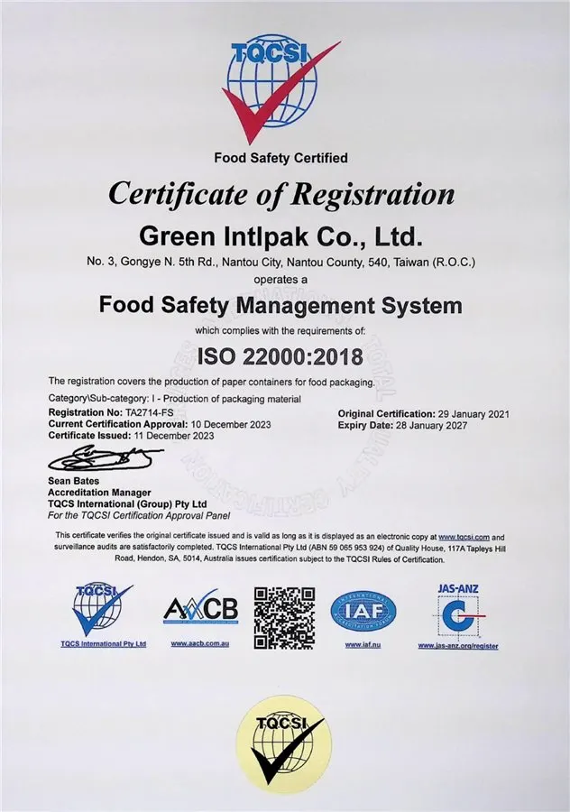 一廠 ISO 22000 認證證書 TA2714-FS